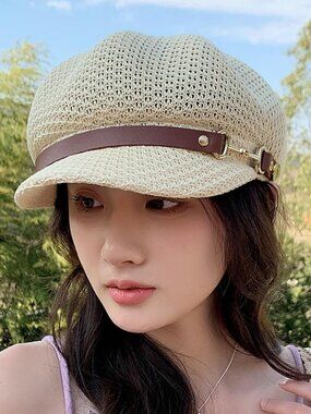 Women's Newsboy Cap Beret Breathable Mesh Sun Beach Hats Octagonal Hat Off-Whit